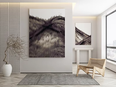 Modern Interior With Abstract Mountain Paintings White Vase Rattan Chair Gray Rug And Large Window 3d model