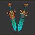 Two Shiny Decorative Swords With Turquoise Blades And Orange Ornate Hilts