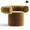 Modern Brown Velvet Single Seater Sofa With Curved Armrests And Cylindrical Base