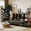 Modern Leather Sofa And Wooden Coffee Table Set With Potted Plants Artworks And Floor Lamp