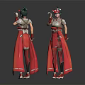 Two Fantasy Characters In Red Outfits With Green Headdress And Mythical Creature Features