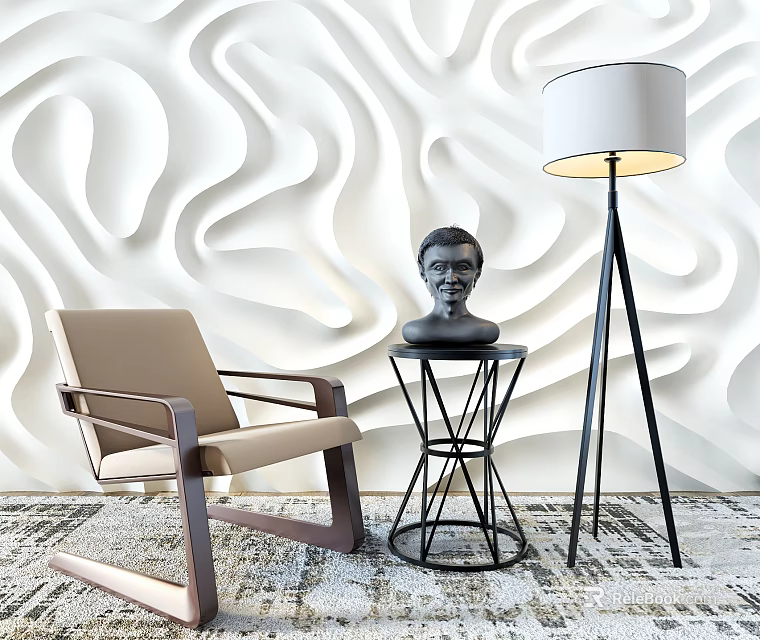 Beige Lounge Chair With Wooden Armrest Black Metal Side Table Floor Lamp Wavy White Wall 3d model 