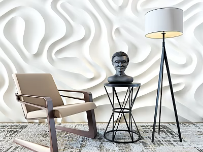 Beige Lounge Chair With Wooden Armrest Black Metal Side Table Floor Lamp Wavy White Wall 3d model