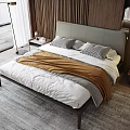 Modern Double Bed With Wooden Headboard White Sheets Brown Blanket Two Pillows And Nightstand