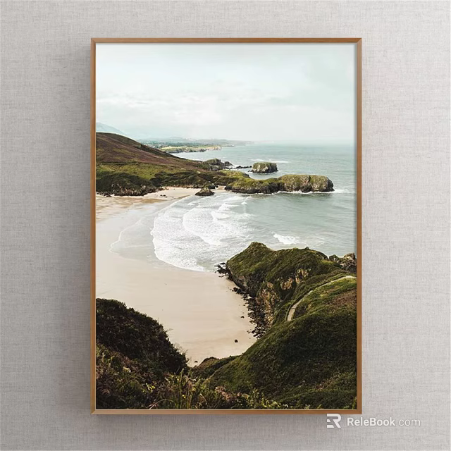 Scenic Coastal Landscape Painting With Sandy Beach Rolling Waves And Green Hills 3d model 