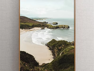 Scenic Coastal Landscape Painting With Sandy Beach Rolling Waves And Green Hills 3d model
