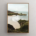 Scenic Coastal Landscape Painting With Sandy Beach Rolling Waves And Green Hills