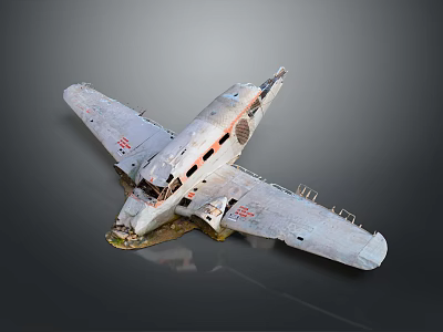 Old Damaged Passenger Plane With Rusty Holes And Red Markings On Wings Against Dark Background 3d model