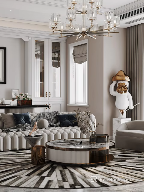 Elegant Modern Living and Dining Room With White Tufted Sofa Round Coffee Table And Sculpture 3d model 