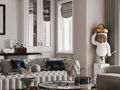 Elegant Modern Living and Dining Room With White Tufted Sofa Round Coffee Table And Sculpture 3d model