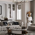 Elegant Modern Living and Dining Room With White Tufted Sofa Round Coffee Table And Sculpture