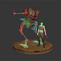 Female Character With Mechanical Walker Figure Green Red Details And Weapon On Circular Base