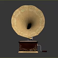 Vintage Gramophone With Ornate Brass Horn And Wooden Turntable Body
