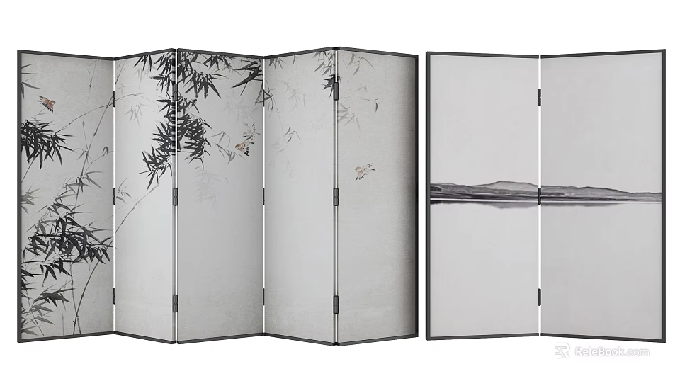 Traditional Chinese Folding Screen With Bamboo Branches And Landscape Patterns Design 3d model 
