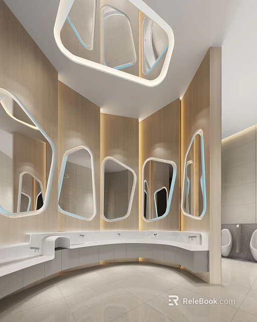 Modern Hotel Bathroom Interior With Stylish Mirrors Vanity Sinks And Soft Lighting 3d model