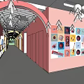 Well Lit Elevator Corridor With Pink Walls Arch And Colorful Artworks