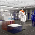 Modern Clothing Store Interior With Stylish Mannequins Colored Display Platforms And Decorative Lighting