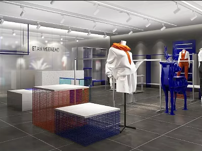 Modern Clothing Store Interior With Stylish Mannequins Colored Display Platforms And Decorative Lighting 3d model