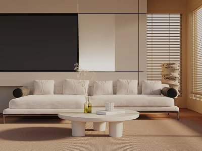 White Three-Seater Sofa in Modern Living Room with Round Coffee Table and Natural Light 3d model