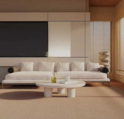 White Three-Seater Sofa in Modern Living Room with Round Coffee Table and Natural Light 3d model