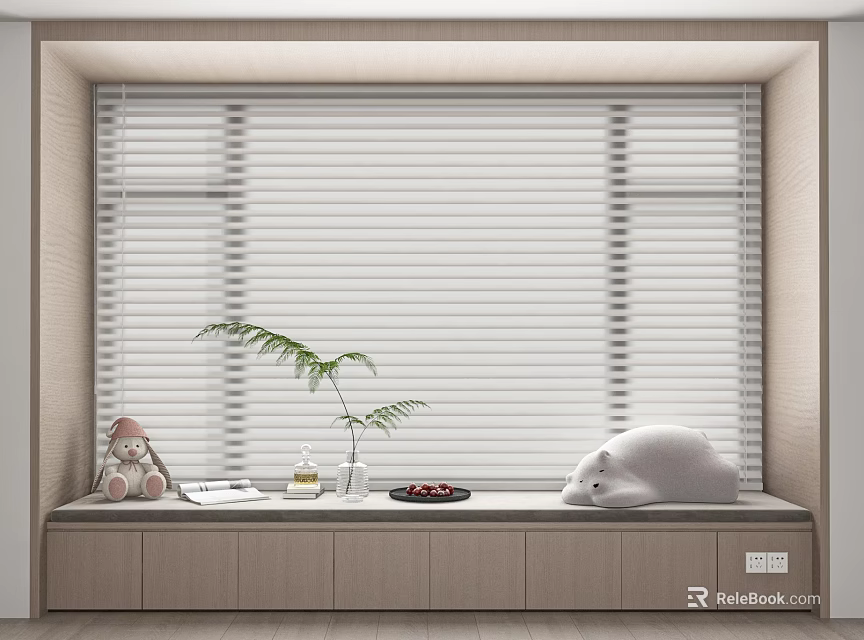 Interior Window Blinds with Window Sill Stuffed Toys Green Plant and Tray Items 3d model 