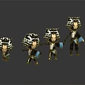 Four White Haired Cartoon Character Figures With Blue And White Outfits In Different Sizes