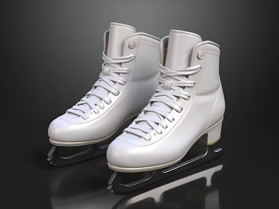 White High Top Ice Skates With Leather Laces And Shiny Blades On Reflective Surface 3d model