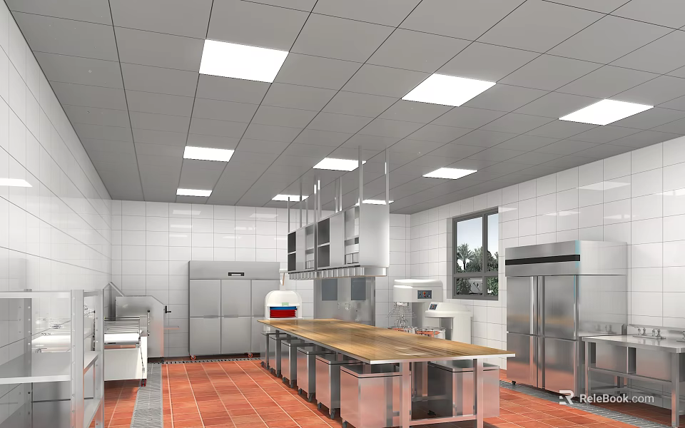 Commercial Restaurant Kitchen With Stainless Steel Appliances Tiled Walls And Wooden Worktable 3d model 
