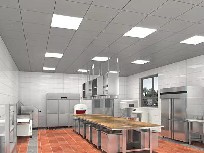 Commercial Restaurant Kitchen With Stainless Steel Appliances Tiled Walls And Wooden Worktable 3d model
