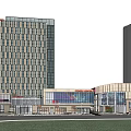 Modern Commercial Complex With Glass Facade And High Rise Building In Urban Setting