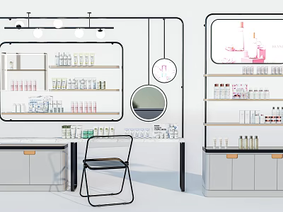 Modern Minimalist Display Cabinets and Shelves with Skincare Products Mirror Chair and Lighting 3d model