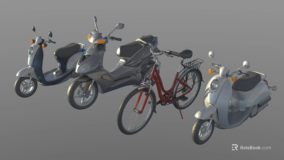 Various Stylish Motorcycles With Scooter Designs Black Seats And Mirrors On Gray Background 3d model 