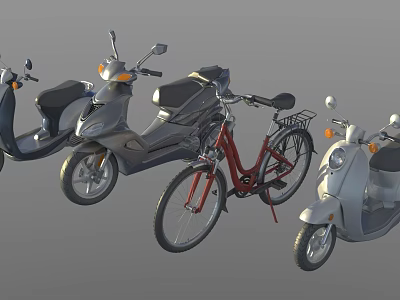 Various Stylish Motorcycles With Scooter Designs Black Seats And Mirrors On Gray Background 3d model