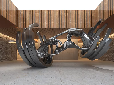 Modern Metallic Sculpture With Curved Structure In Interior Space With Wooden And Stone Walls 3d model
