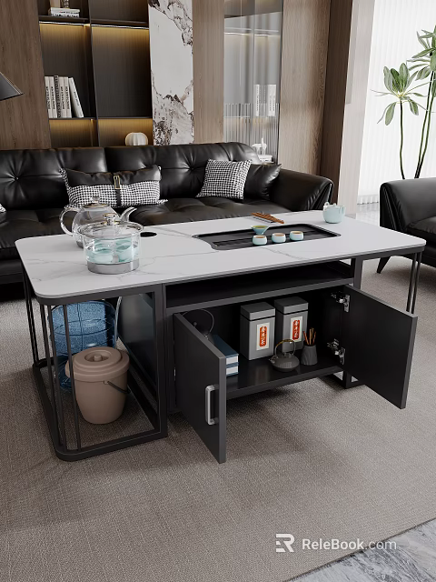 Modern Black And White Coffee Table With Marble Top Storage Cabinets In Living Room 3d model 