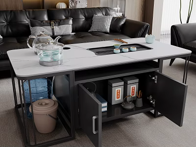 Modern Black And White Coffee Table With Marble Top Storage Cabinets In Living Room 3d model