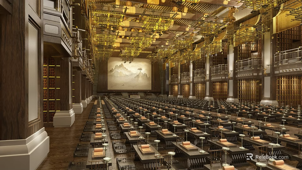 Traditional Religious Faith Worship Hall With Golden Ceiling Aligned Tables Bookshelves And Central Landscape Painting 3d model 