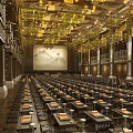 Traditional Religious Faith Worship Hall With Golden Ceiling Aligned Tables Bookshelves And Central Landscape Painting