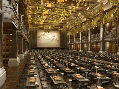 Traditional Religious Faith Worship Hall With Golden Ceiling Aligned Tables Bookshelves And Central Landscape Painting 3d model