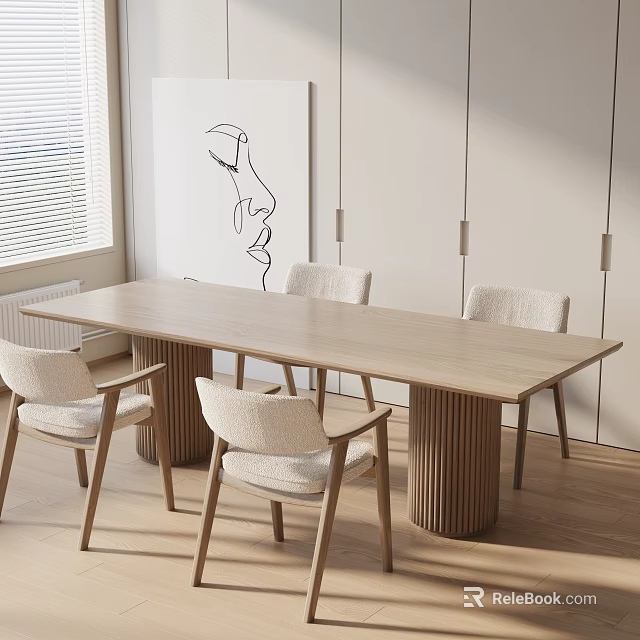 Modern Dining Table Set With Long Wooden Top Four Upholstered Chairs And Wall Art 3d model 