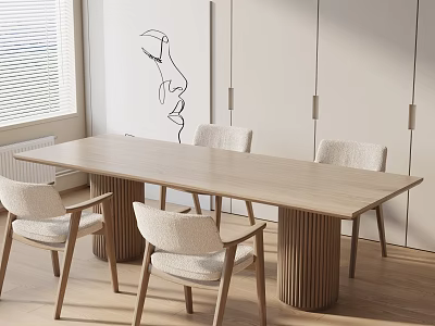 Modern Dining Table Set With Long Wooden Top Four Upholstered Chairs And Wall Art 3d model