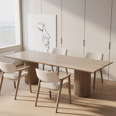 Modern Dining Table Set With Long Wooden Top Four Upholstered Chairs And Wall Art 3d model