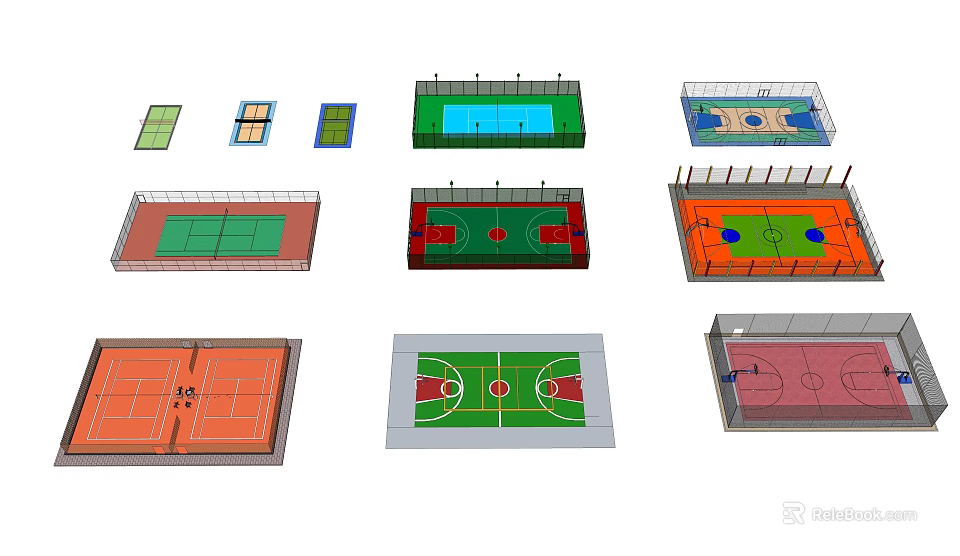 Basketball Court Design Layouts With Various Color Flooring And Court Markings 3d model 