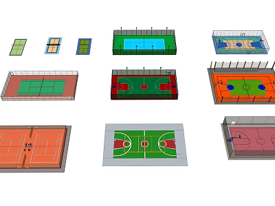 Basketball Court Design Layouts With Various Color Flooring And Court Markings 3d model