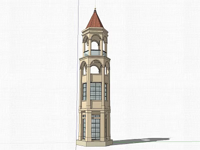 European Style Tower With Red Roof Beige Exterior Arched Windows And Balconies 3d model
