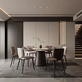 Modern Restaurant Interior With Round Dining Table Chairs Gray Carpet Bookshelf And Staircase