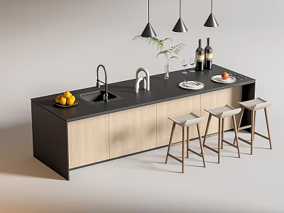 Modern Bar Counter With Black Countertop Wooden Cabinets Stools Fruits Wine Bottles And Pendant Lights 3d model