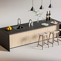 Modern Bar Counter With Black Countertop Wooden Cabinets Stools Fruits Wine Bottles And Pendant Lights