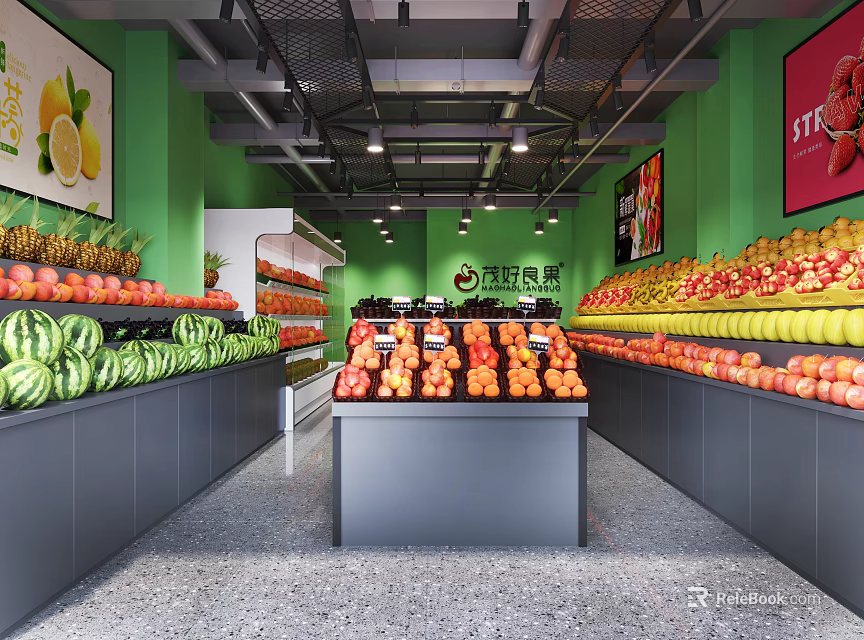 Fresh Fruit Store Interior With Various Fruits 3d model 