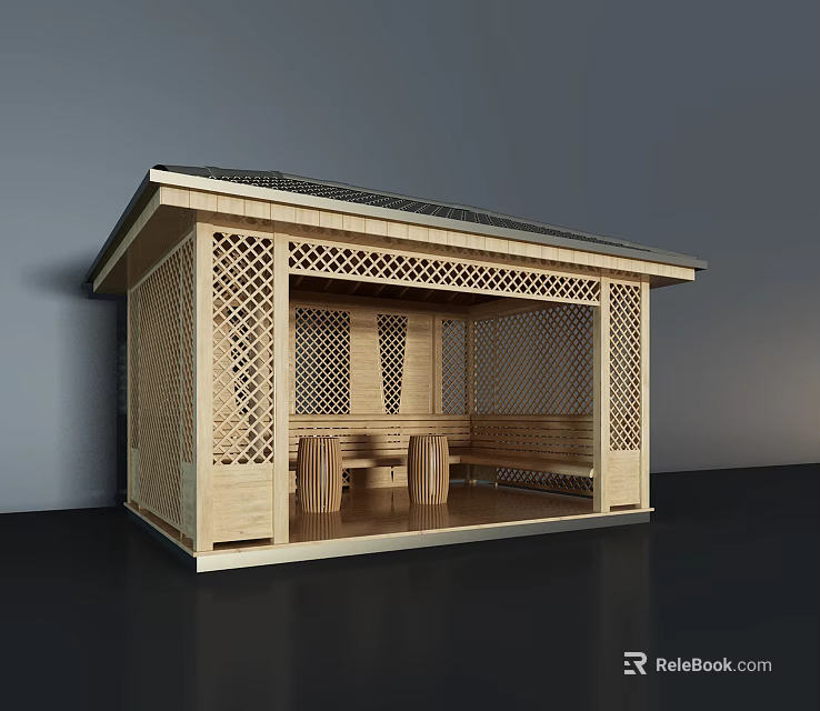 Wooden Pavilion With Lattice Design Roof Benches And Table For Outdoor Use 3d model 